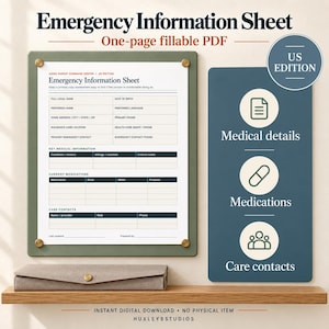 May include: An Emergency Information Sheet one-page fillable PDF US edition. The document includes sections for full legal name, date of birth, medical details, medications, and care contacts. It is displayed on a green board with gold fasteners.