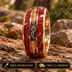 Ruby Ring for Men, Rose Gold Tungsten Wedding Band, Meteorite Gold Leaf Ring, 8mm Red Stone Wedding Ring, Groom Gift, Husband Gift