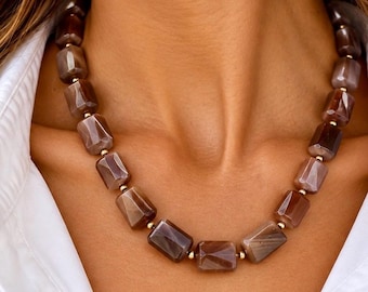 Chocolate Moonstone Necklace, 14k Gold-Filled Accents - The Delphine