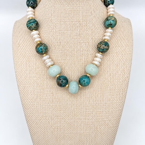 The Maren Necklace | Blue Green Gemstone & Freshwater Pearl Statement Necklace | Handmade Coastal Jewelry image 3