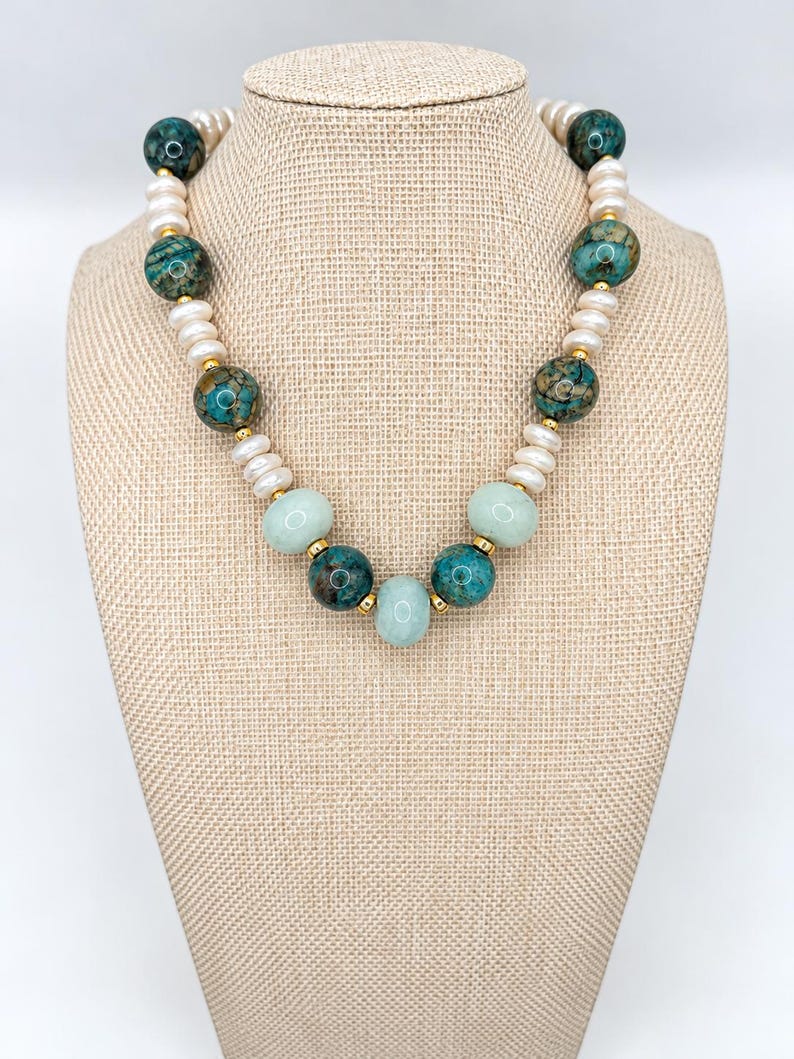 The Maren Necklace | Blue Green Gemstone & Freshwater Pearl Statement Necklace | Handmade Coastal Jewelry image 3
