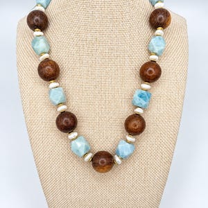 The Cove Necklace | Blue Gemstone, Wood & Freshwater Pearl Statement Necklace | Handmade Coastal Luxury Jewelry image 3