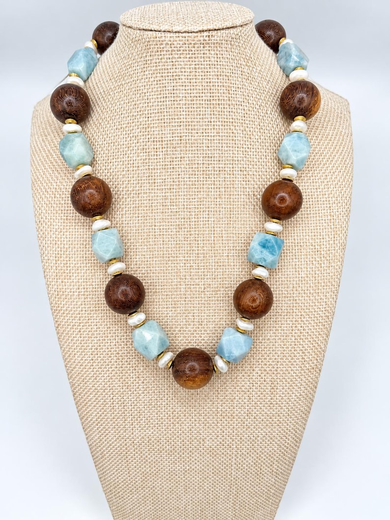 The Cove Necklace | Blue Gemstone, Wood & Freshwater Pearl Statement Necklace | Handmade Coastal Luxury Jewelry image 3