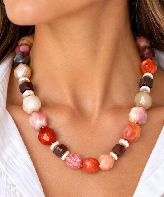 The Vivienne | Faceted Agate & Freshwater Pearl Necklace | Coral, Blush, and Earth Tone Gemstone Statement Jewelry
