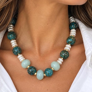 The Maren Necklace | Blue Green Gemstone & Freshwater Pearl Statement Necklace | Handmade Coastal Jewelry image 1