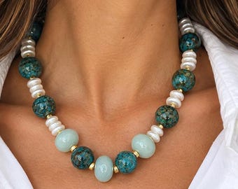 The Maren Necklace | Blue Green Gemstone & Freshwater Pearl Statement Necklace | Handmade Coastal Jewelry