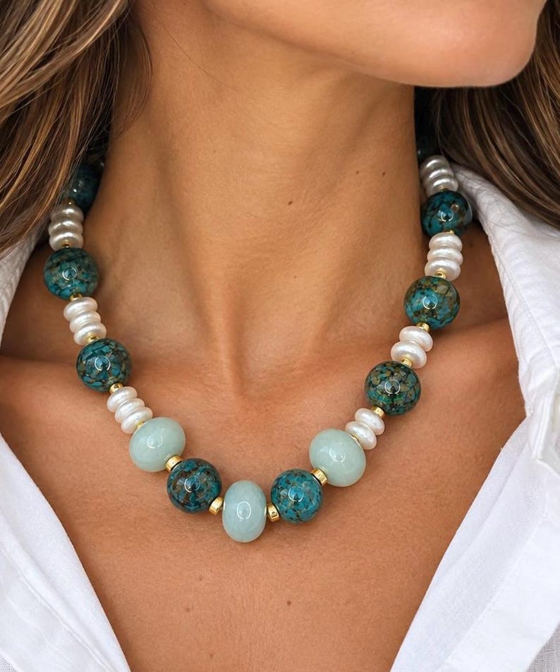The Maren Necklace | Blue Green Gemstone & Freshwater Pearl Statement Necklace | Handmade Coastal Jewelry image 1