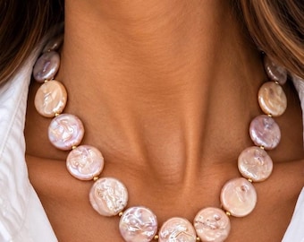 The Collette Necklace | Blush Coin Pearl Statement Necklace