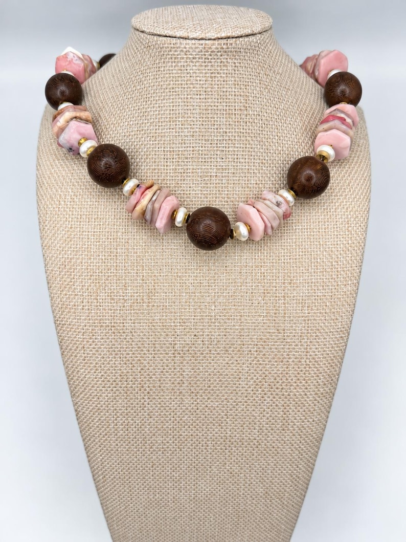 The Paloma Necklace | Pink Opal, Wood & Pearl Statement Necklace image 3