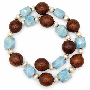 The Cove Necklace | Blue Gemstone, Wood & Freshwater Pearl Statement Necklace | Handmade Coastal Luxury Jewelry image 2