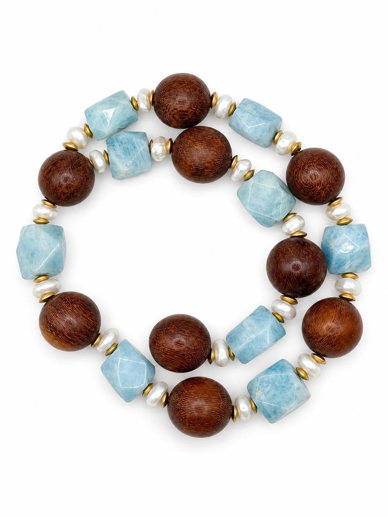 The Cove Necklace | Blue Gemstone, Wood & Freshwater Pearl Statement Necklace | Handmade Coastal Luxury Jewelry image 2