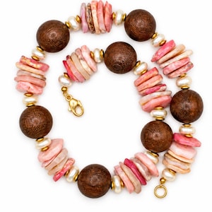 The Paloma Necklace | Pink Opal, Wood & Pearl Statement Necklace image 2