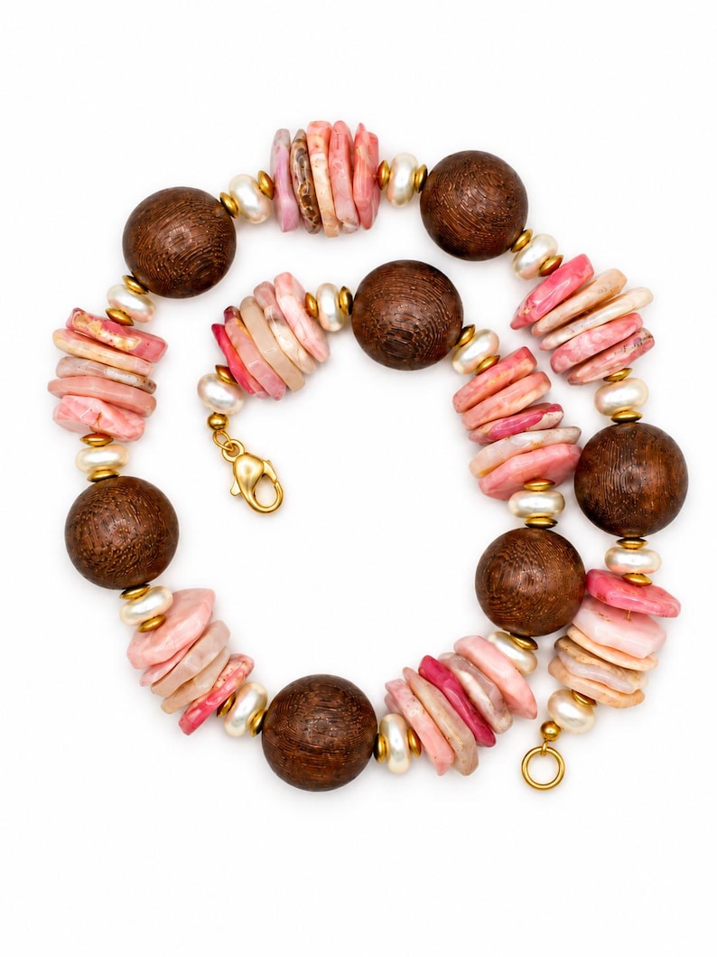 The Paloma Necklace | Pink Opal, Wood & Pearl Statement Necklace image 2