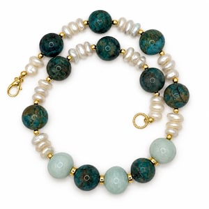 The Maren Necklace | Blue Green Gemstone & Freshwater Pearl Statement Necklace | Handmade Coastal Jewelry image 2