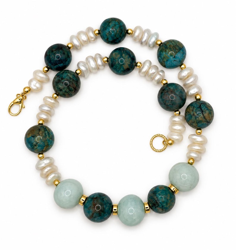 The Maren Necklace | Blue Green Gemstone & Freshwater Pearl Statement Necklace | Handmade Coastal Jewelry image 2