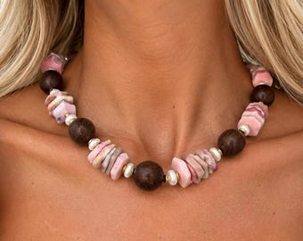 The Paloma Necklace | Pink Opal, Wood & Pearl Statement Necklace