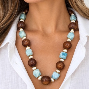The Cove Necklace | Blue Gemstone, Wood & Freshwater Pearl Statement Necklace | Handmade Coastal Luxury Jewelry image 1