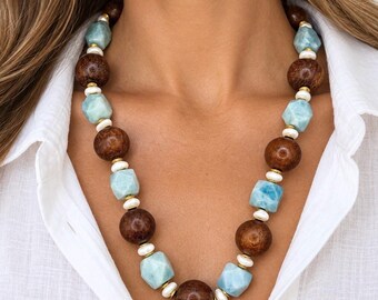 The Cove Necklace | Blue Gemstone, Wood & Freshwater Pearl Statement Necklace | Handmade Coastal Luxury Jewelry