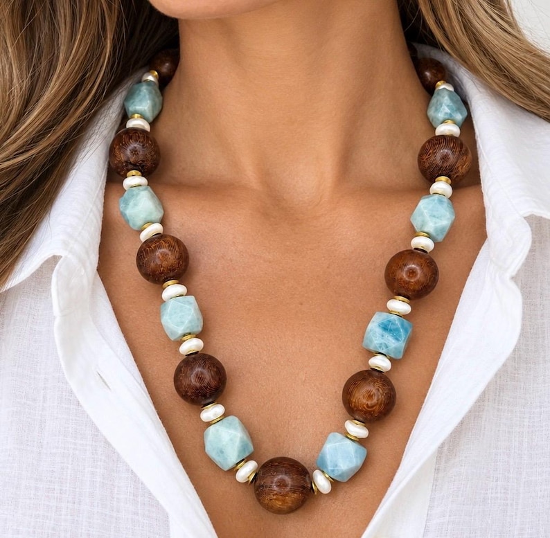 The Cove Necklace | Blue Gemstone, Wood & Freshwater Pearl Statement Necklace | Handmade Coastal Luxury Jewelry image 1