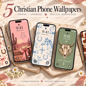 May include: Five smartphones displaying different digital Christian phone wallpapers. The designs feature western-themed illustrations including cowboy boots, hats, horses, crosses, cow print, and floral motifs in soft pink, blue, green, and brown tones.