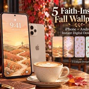 Peut inclure: Un smartphone affichant un fond d'écran de paysage d'automne inspiré par la foi avec une croix sur une colline. Le texte indique : 5 Faith-Inspired Fall Wallpapers, iPhone + Android Instant Digital Download, 5 Unique Designs. Cinq aperçus inclus.