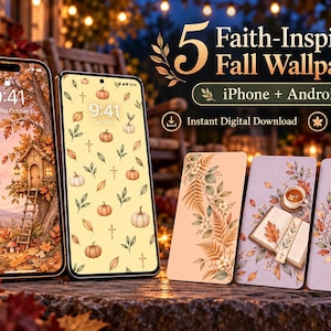 Op de afbeelding: Twee smartphones en drie rechthoekige kaarten tonen vijf op geloof geïnspireerde herfstachtergronden met pompoenen, herfstbladeren, kruisen en boeken. De tekst luidt 5 Faith-Inspired Fall Wallpapers, iPhone + Android, Instant Digital Download, 5 Unique Designs.