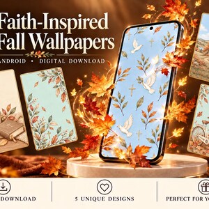 May include: A digital display showing 5 Faith-Inspired Fall Wallpapers for iPhone and Android. The screen features a light blue background with white doves, gold crosses, and autumn leaves. Four additional vertical designs show a church, a bicycle, a coffee mug with a Bible, and foliage patterns.