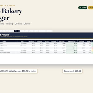 May include: A digital spreadsheet titled The Bakery Ledger for Google Sheets and Excel, designed for home bakers. It features a table for recipes and pricing, including columns for batch, ingredients, packaging, pay, overhead, cost, and margin.