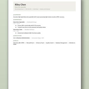 May include: A professional resume document for Riley Chen, a Data Entry Specialist. The text includes contact information, a summary of experience, work history at Crestwood Group and Meridian Partners, education details, and a list of technical skills.