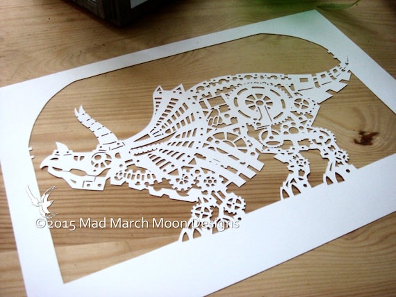 steampunk triceratops papercut template personal use instant etsy