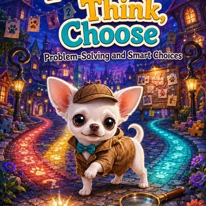 May include: A book cover titled Pause, Think, Choose: Problem-Solving and Smart Choices with Detective Bug. A white chihuahua puppy wearing a brown detective hat, tan trench coat, and blue bowtie stands on a cobblestone path with a magnifying glass.