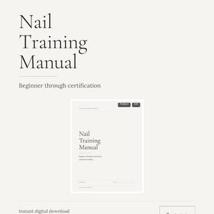 Può includere: Un manuale di formazione per unghie di 201 pagine con una copertina beige chiaro. Il testo recita Nail Training Manual, Beginner through certification, e include segnaposti per il nome dell'azienda, dell'istruttore e la data sul documento.
