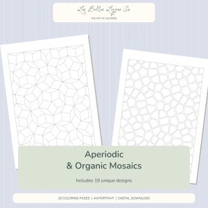 May include: Two white sheets featuring black line art patterns, one with geometric shapes and the other with organic mosaic forms. Text includes Les Belles Lignes Co, The Art of Coloring, Aperiodic & Organic Mosaics, 19 unique designs, and A4 portrait.