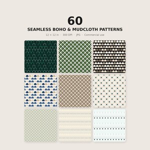 Puede incluir: Una colección digital de 60 patrones boho y mudcloth sin costuras, presentados como archivos de 30,48 x 30,48 cm a 300 DPI. La imagen muestra nueve muestras cuadradas con varios diseños geométricos en colores verde oscuro, azul, beige y negro.
