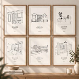 May include: Six framed wall art prints featuring black line drawings on a cream background. Each print displays a different scene, including houses, dogs, and interior rooms, with the text OUR HOME and custom details printed below each illustration.