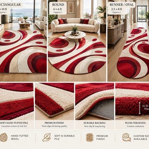 May include: A hand-tufted rug featuring a swirling abstract pattern in shades of red, burgundy, and cream. Available in rectangular 8x10 ft, round 6x6 ft, and runner 2.5x8 ft shapes. The rug has a plush 12-15 mm thick pile with a durable backing.