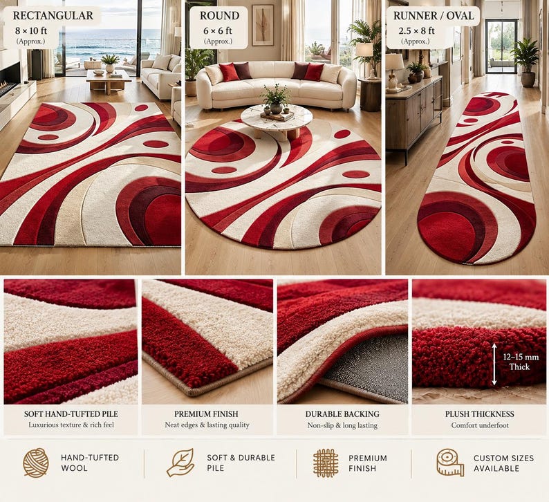 May include: A hand-tufted rug featuring a swirling abstract pattern in shades of red, burgundy, and cream. Available in rectangular 8x10 ft, round 6x6 ft, and runner 2.5x8 ft shapes. The rug has a plush 12-15 mm thick pile with a durable backing.