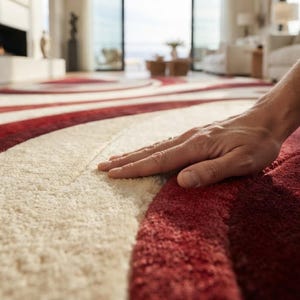 May include: A plush area rug featuring a bold, swirling pattern of deep red and cream-colored fibers. The rug has a thick, textured pile with distinct curved sections that alternate between the two colors, creating a continuous, flowing design.