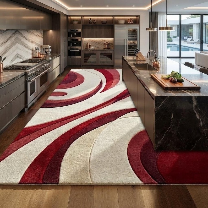 May include: A large rectangular area rug featuring a bold, abstract pattern of sweeping, concentric curves in shades of deep crimson, bright red, and cream. The rug has a thick, plush texture and covers the floor between a kitchen island and cabinets.