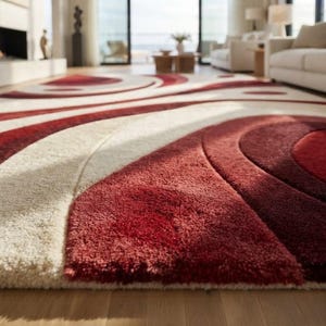 May include: A plush area rug featuring a high-pile texture with a bold pattern of concentric circles and sweeping curves in deep shades of red, burgundy, and cream. The rug displays a thick, soft surface with carved detailing that creates depth.