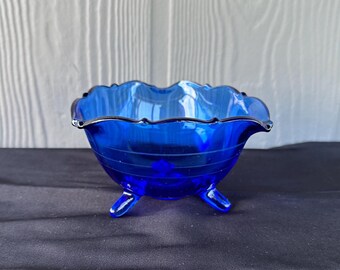Vintage Cobalt Blue Mt Pleasant 3 Footed Mayonnaise Bowl ~ Depression Glass ~ Ruffled Edge