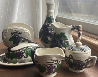 1970s Ceramic Grape Pattern Sugar and Creamer~Vase~Napkin Holder~ Butter Dish ~ Pitcher~ Arnel