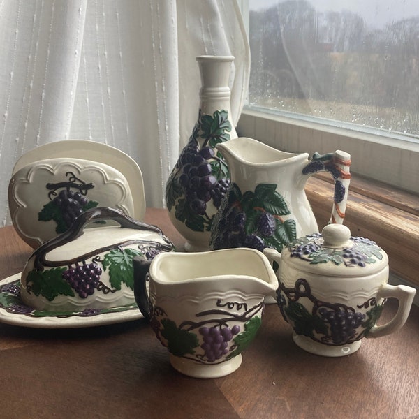 Arnel's Ceramic Grape Cluster Sugar and Creamer ~ Butter Dish ~ Napkin Holder ~ Vase ~ Pitcher ~ Grapevine ~ 70s Ceramics ~ Purple Design