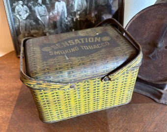 Vintage Sensation Smoking Tobacco Metal Lunch Pail ~ Tobacco Memorabilia ~ Black and Gold Basketweave ~ Man Cave