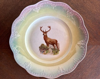 Vintage Limoges China Decorative Plate ~ Stag Deer Plate ~ Iridescent Luminescent Pink, Green, and Yellow Edges
