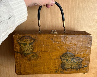 Vintage Edna Collins Style Wooden Box Bag with Owl Motif ~ Decoupage Owl ~ Tweed Interior ~ 60s Purse ~ Case
