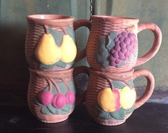 Vintage FTD Ceramic Fruit Mugs: Basketweave Coffee Cups, Thailand