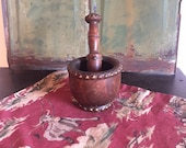 Vintage Wooden Mortar and Pestle with Brass Accents Made in Spain Mortar and Pestle with Rivets and Sunflower Primitive Decor