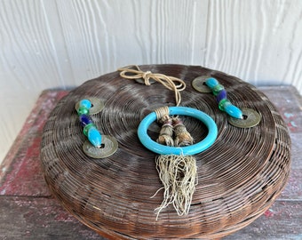 Antique Chinese Sewing Basket ~ 30s Notion Basket ~ Asian Market Gifts ~ Glass Beads and Tassels