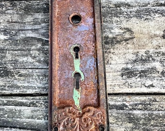 Antique Bronze Door Knob Backplate ~ Escutcheon Plate ~ Victorian Design ~ Double Keyhole Back Plate